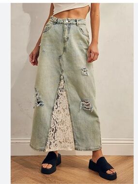 BDG Lace-Front Distressed Denim Maxi Skirt - Light Blue